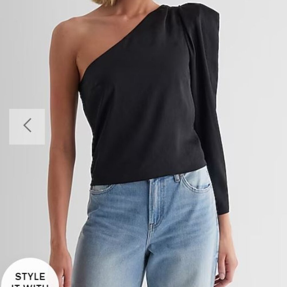NWT Never Worn Express Black Satin One Shoulder Puff Sleeve Top